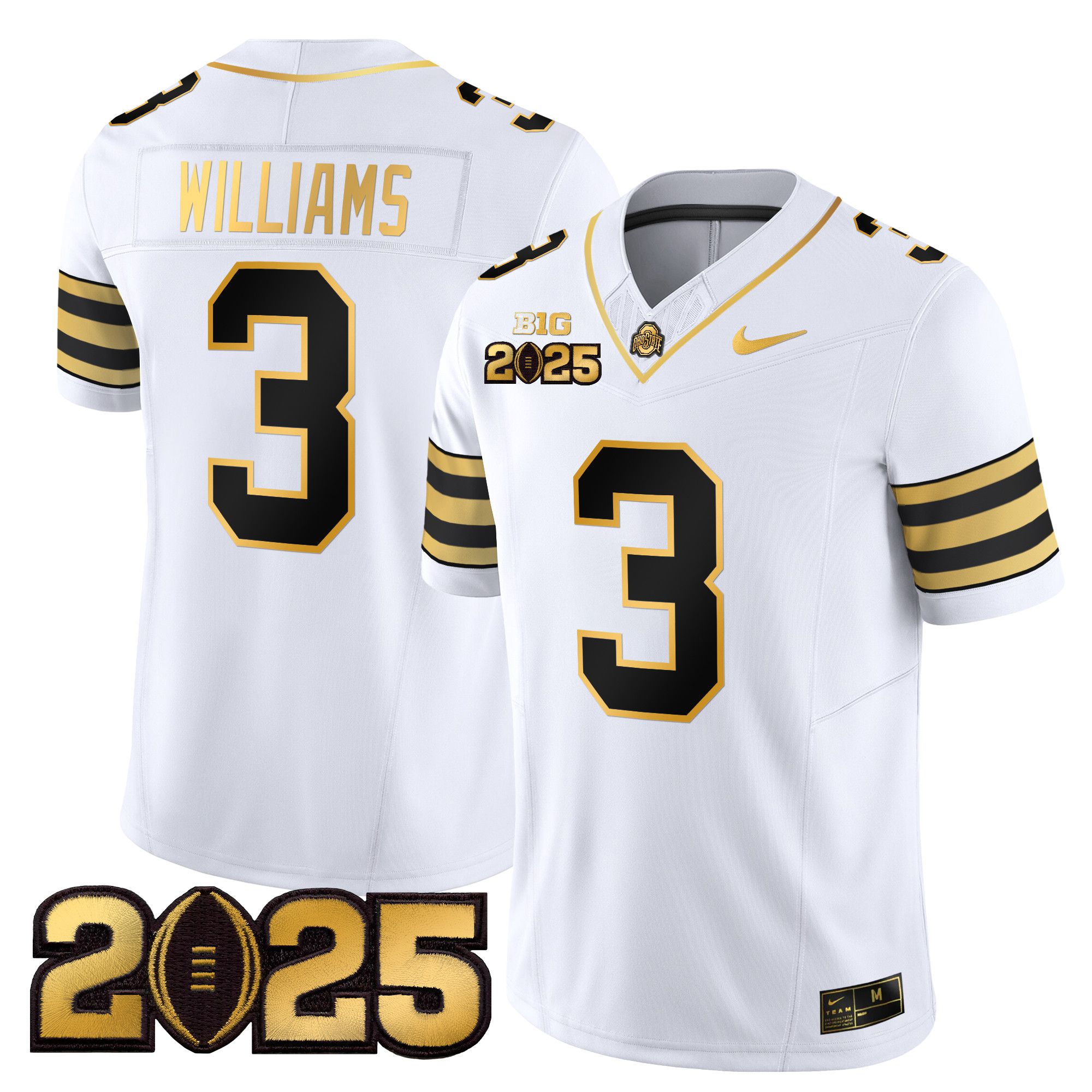 Men Ohio State Buckeyes #3 Williams White 2025 CFP Final Patch Gold Vapor Limited NCAA Jersey
